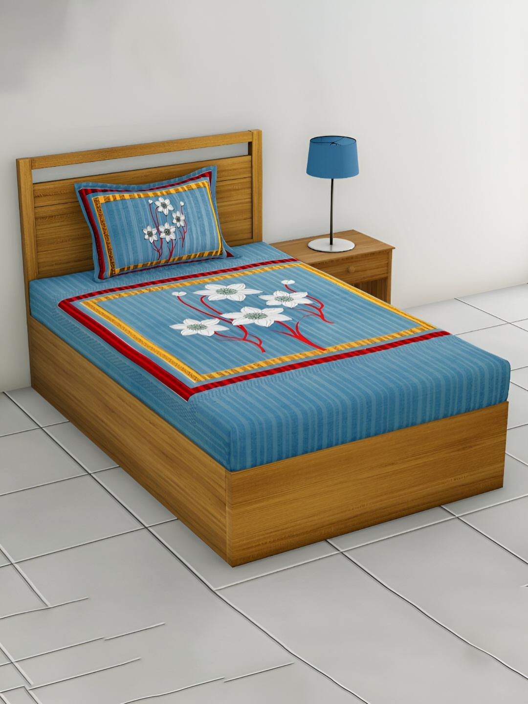 

POORAK Blue & Red Floral 104 TC Cotton Single Bedsheet with 1 Pillow Covers
