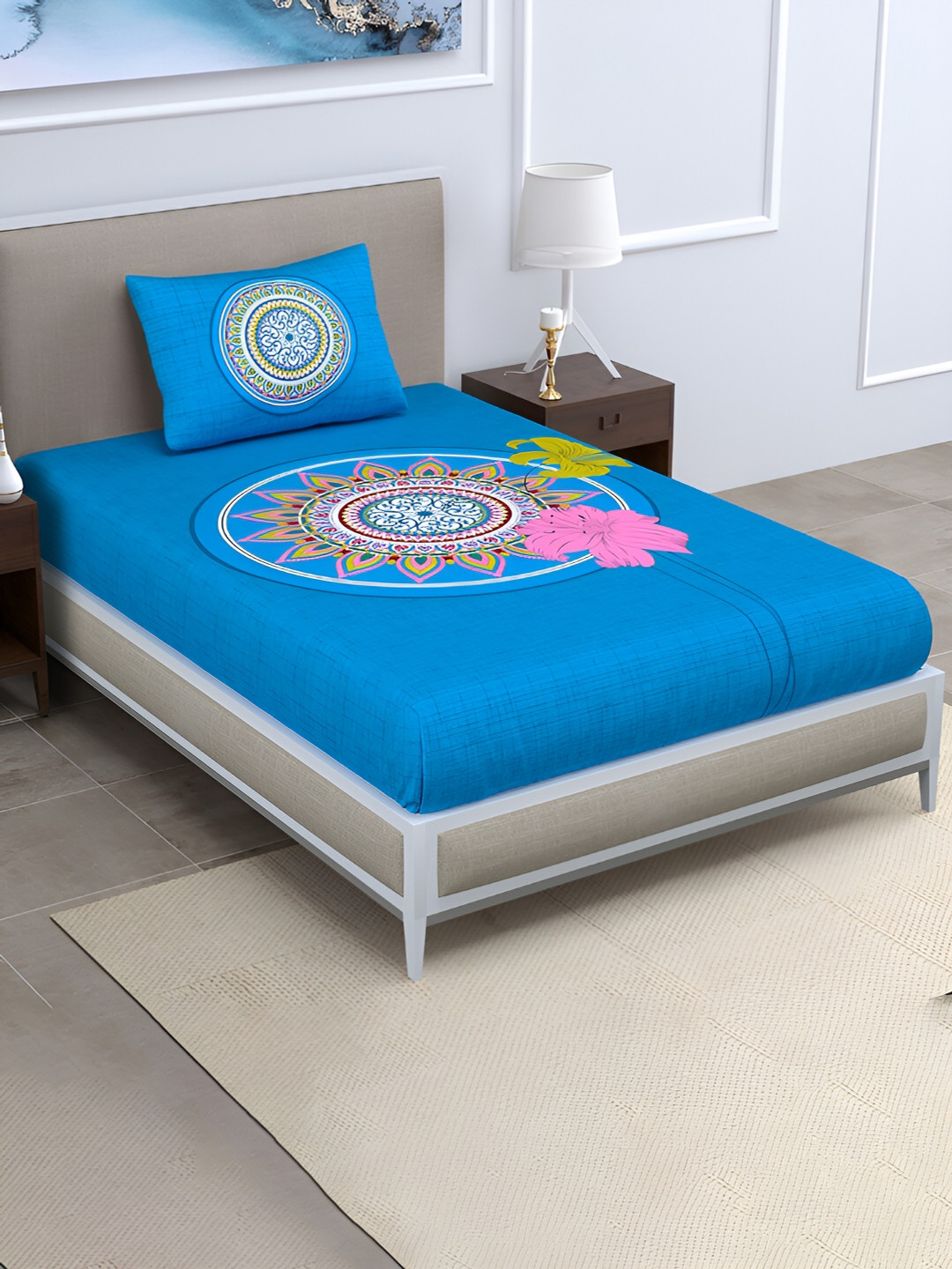 

POORAK Blue & Pink Floral Printed Cotton 104 TC Single Bedsheet With 1 Pillow Cover