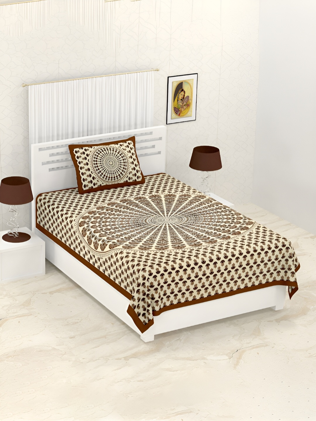 

POORAK Brown & Cream Ethnic Motifs Cotton 104 TC Single Bedsheet with 1 Pillow Covers