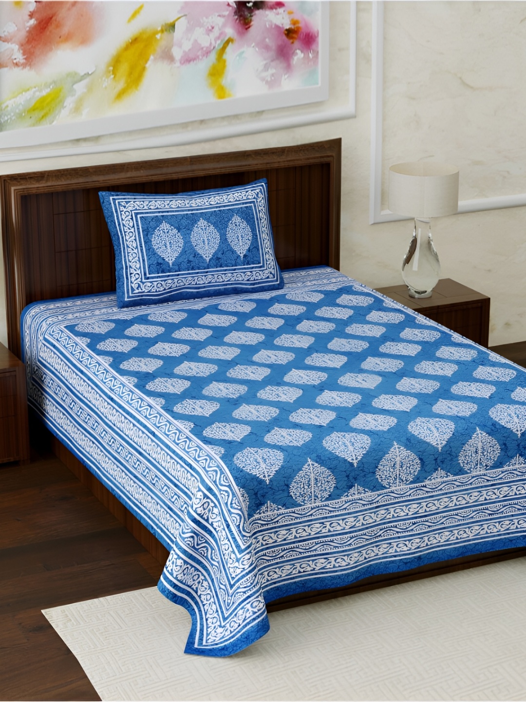 

POORAK Blue & White Ethnic Motifs Cotton 104 TC Single Bedsheet with 1 Pillow Cover