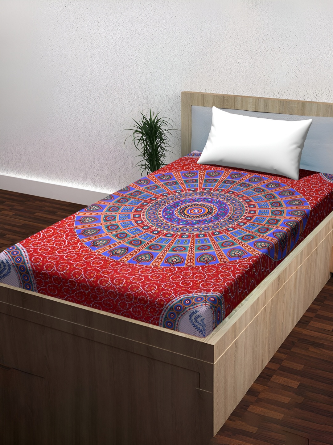 

POORAK Red & Blue Floral 104 TC Cotton Single Bedsheet with 1 Pillow Cover