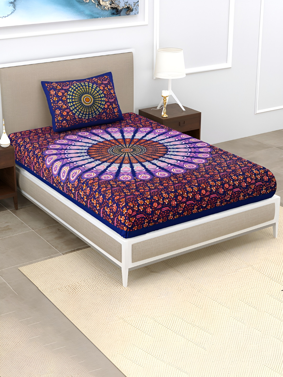 

POORAK Blue & Red Floral Cooton 104 TC Single Bedsheet with 1 Pillow Covers