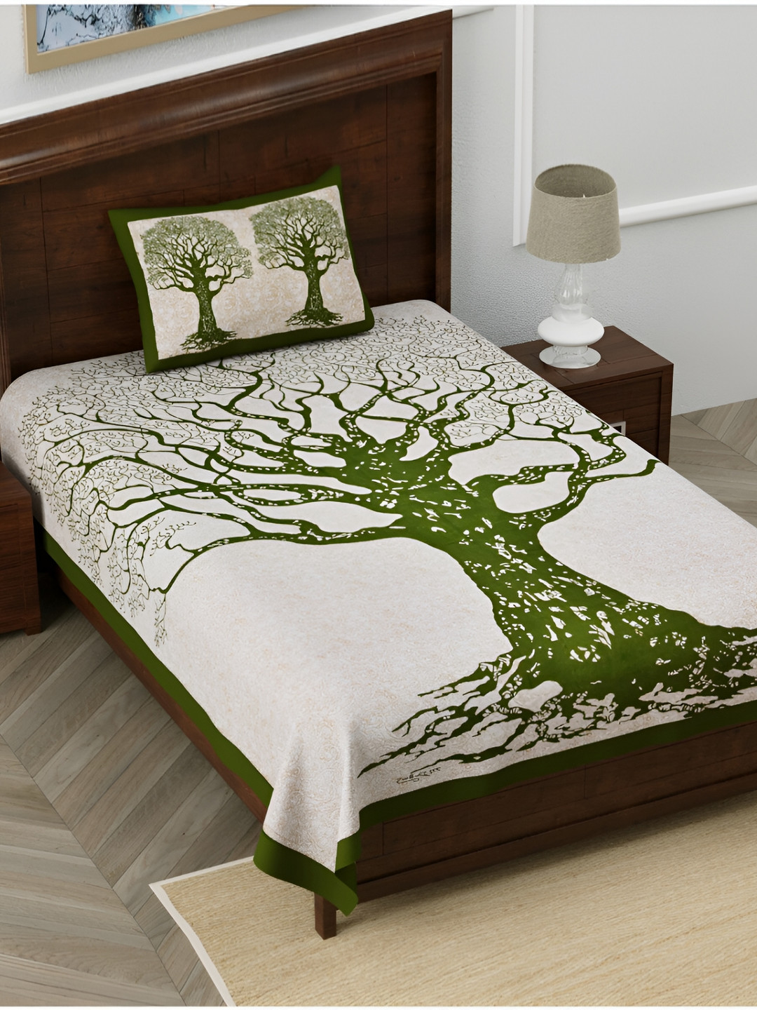 

POORAK Green & White Floral Cotton 104 TC Single Bedsheet With 1 Pillow Cover