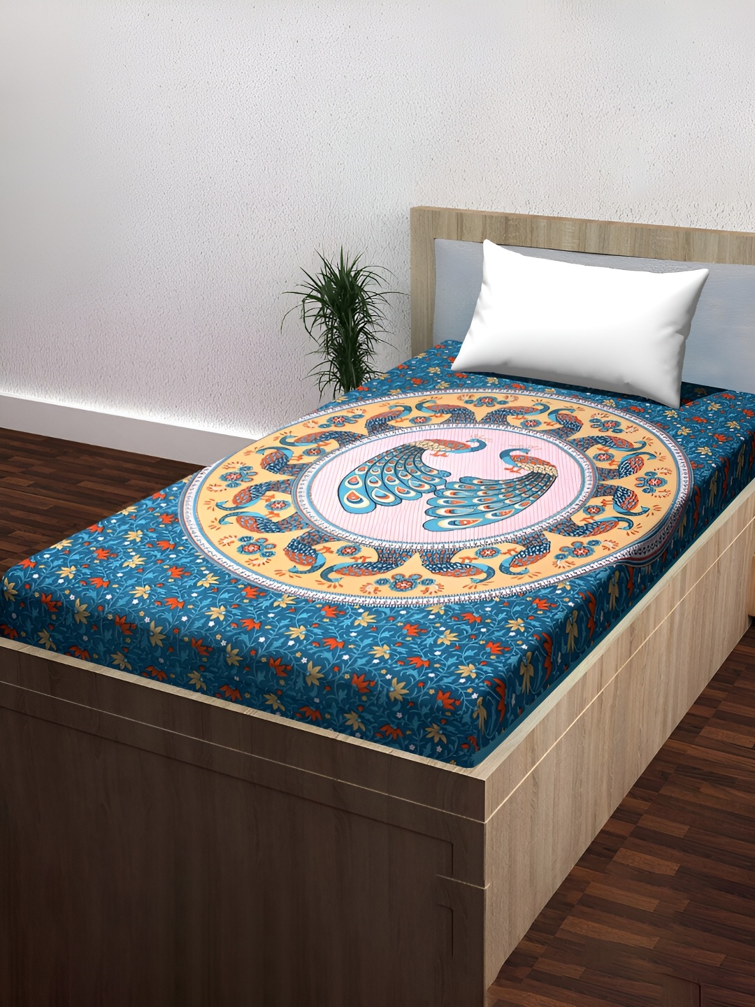 

POORAK Blue & Orange Ethnic Motifs Cotton 104 TC Single Bedsheet with 1 Pillow Covers