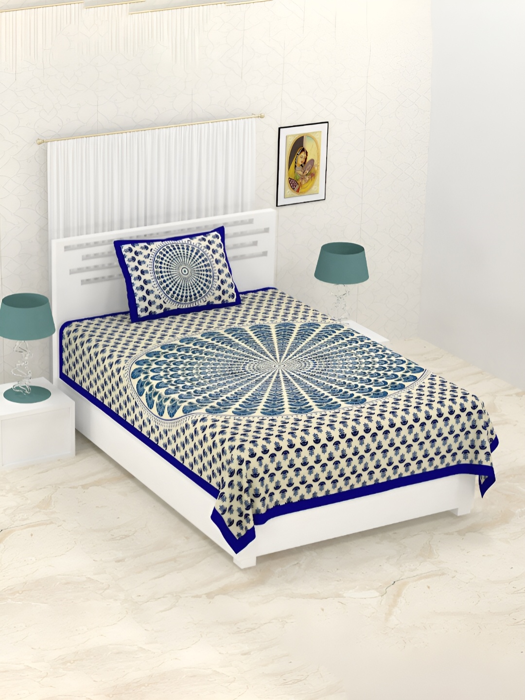 

POORAK Blue & White Ethnic Motifs Cotton 104 TC Single Bedsheet with 1 Pillow Covers