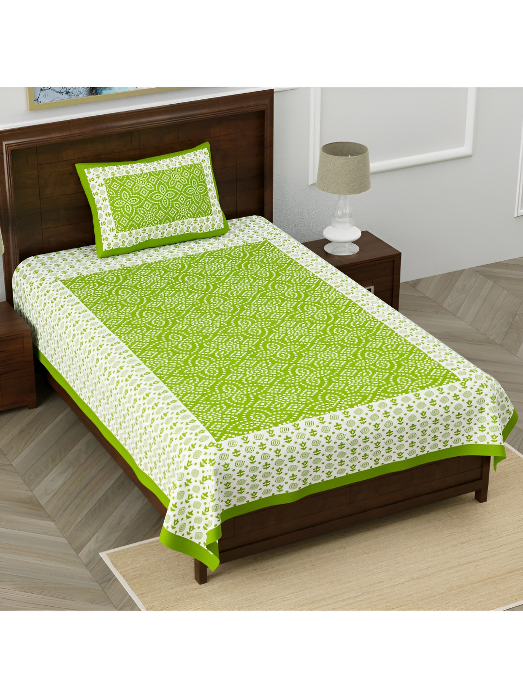 

POORAK Green & White Ethnic Motifs Cotton104 TC Single Bedsheet with 1 Pillow Covers