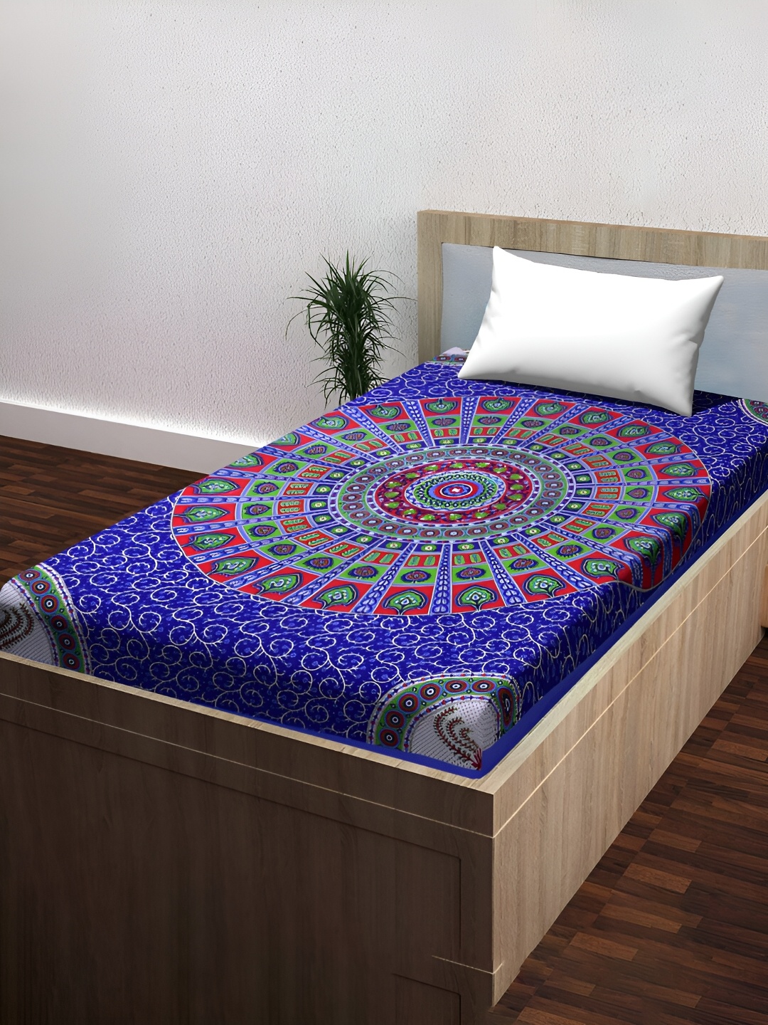

POORAK Blue & Red Ethnic Motifs Cotton 104 TC Single Bedsheet with 1 Pillow Covers