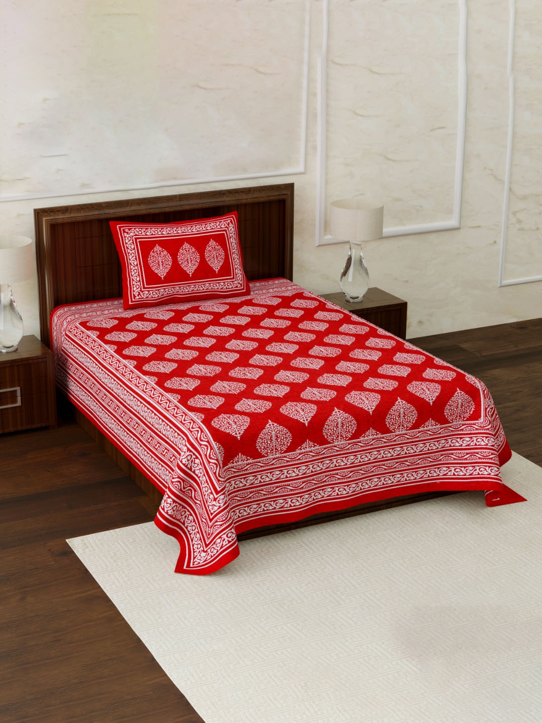 

POORAK Red & White Ethnic Motifs Pure Cotton 104 TC Single Bedsheet with 1 Pillow Covers