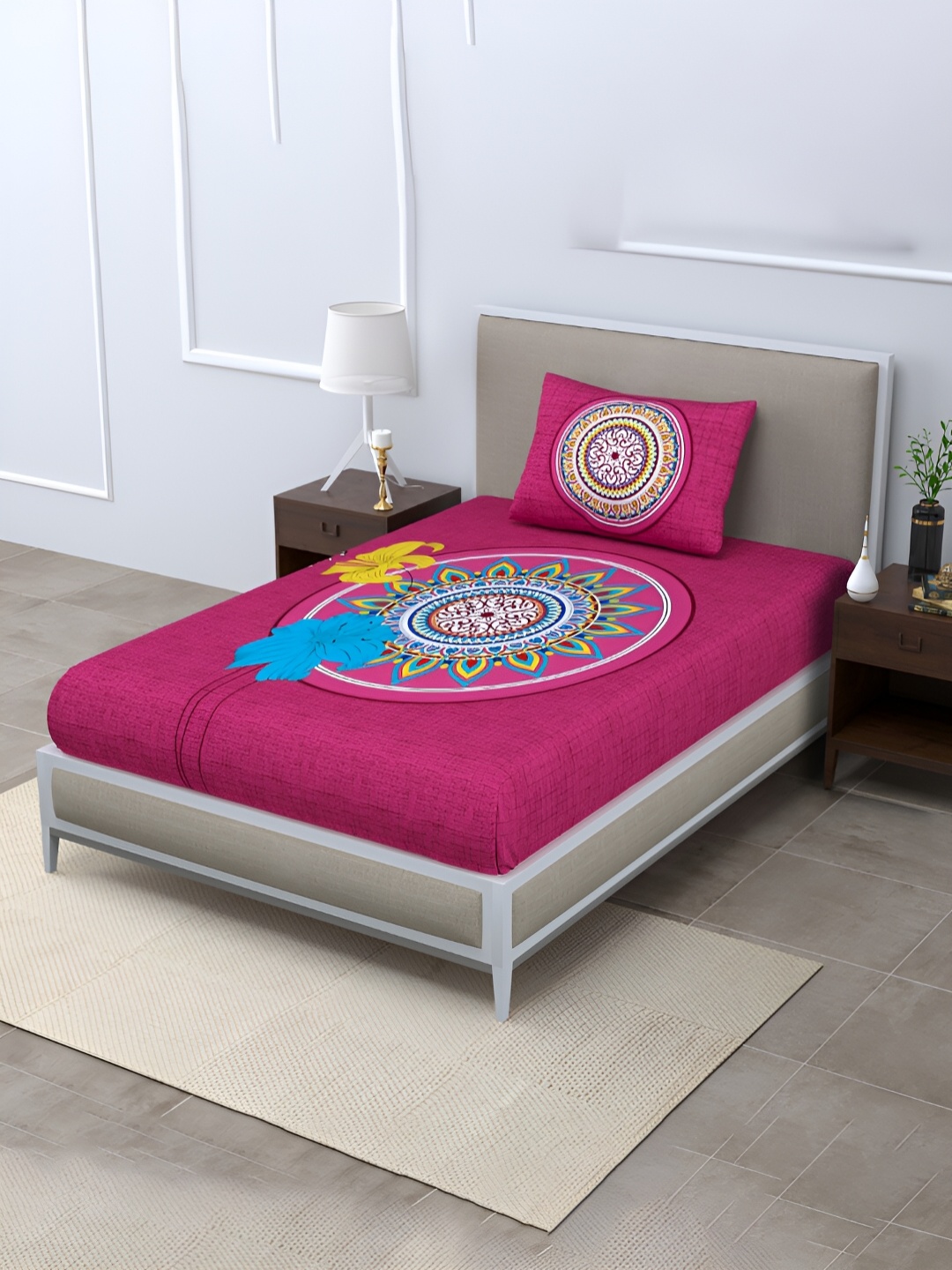 

POORAK Pink & Blue Floral Cotton 104 TC Single Bedsheet with 1 Pillow Covers