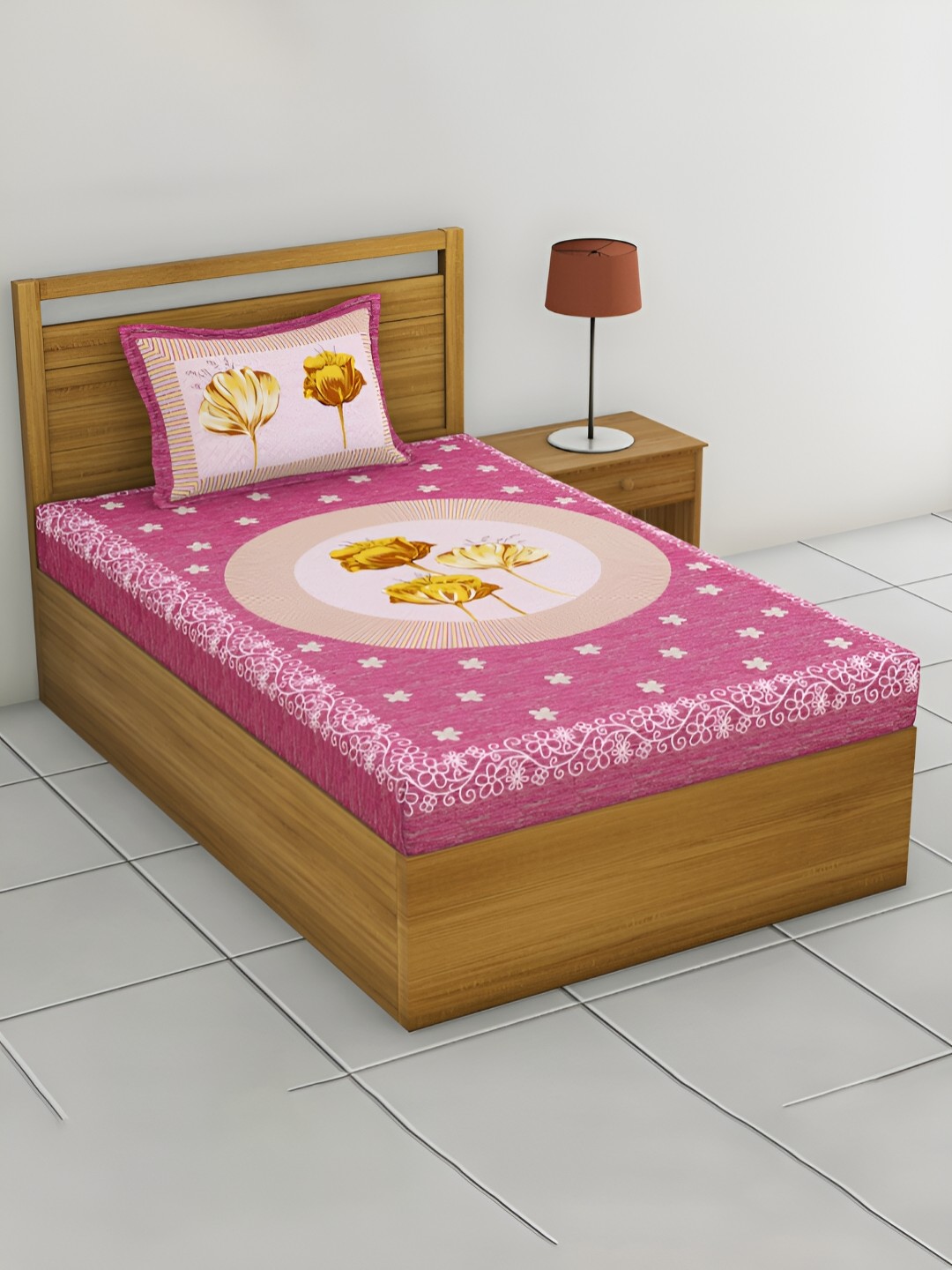 

POORAK Pink & White Floral Printed 104 TC Cotton Single Bedsheet with 1 Pillow Cover
