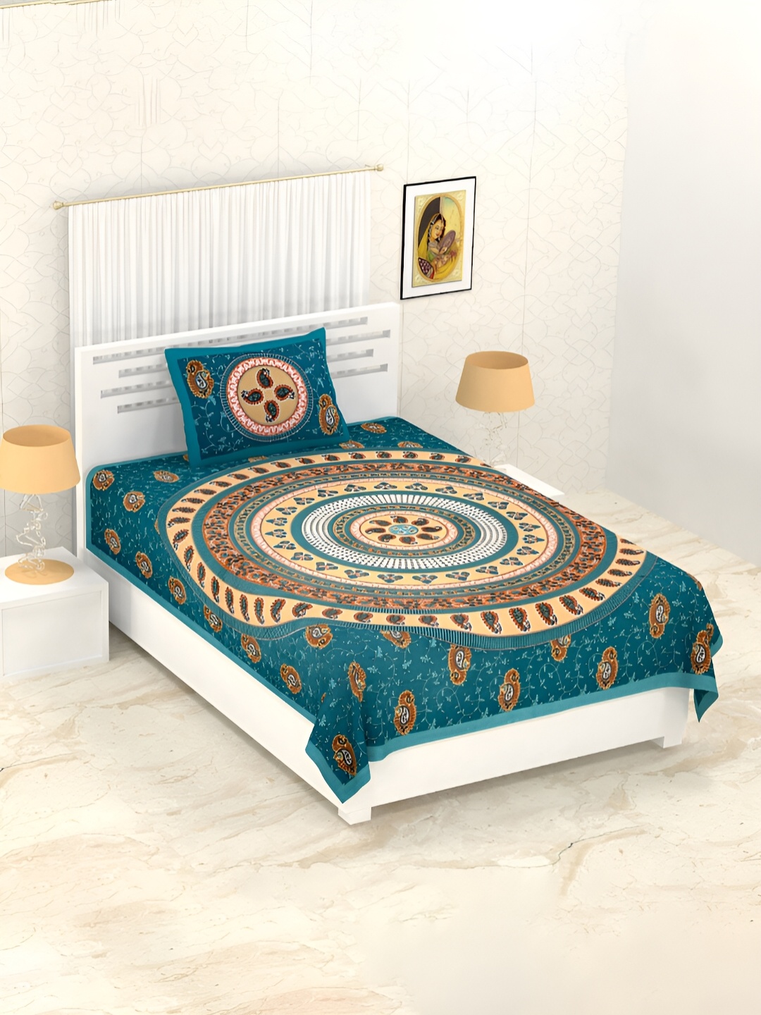 

POORAK Blue & Brown Ethnic Motifs Cotton 104 TC Single Bedsheet with 1 Pillow Covers