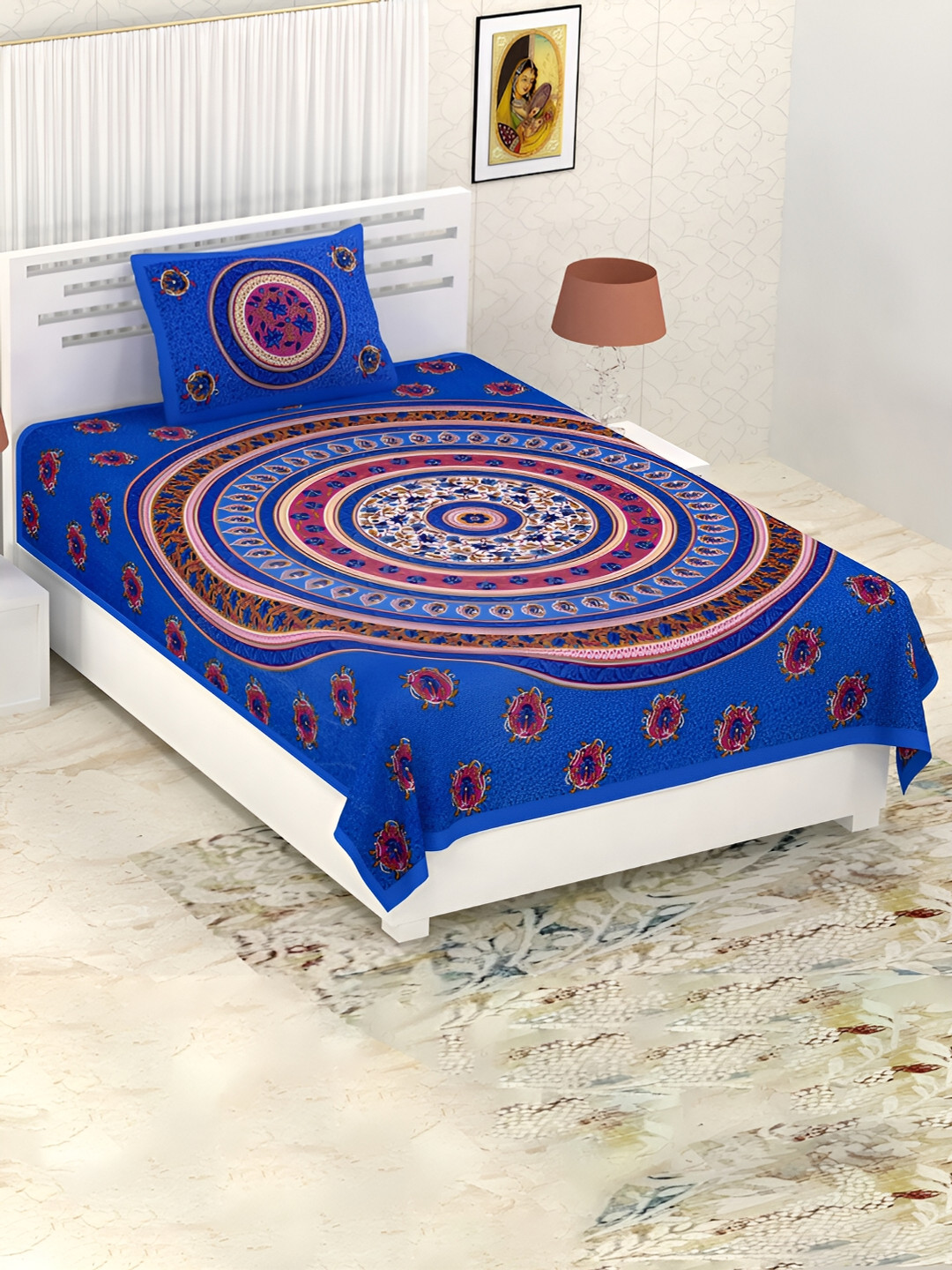 

POORAK Blue & Cream Floral Cotton 104 TC Single Bedsheet With 1 Pillow Cover
