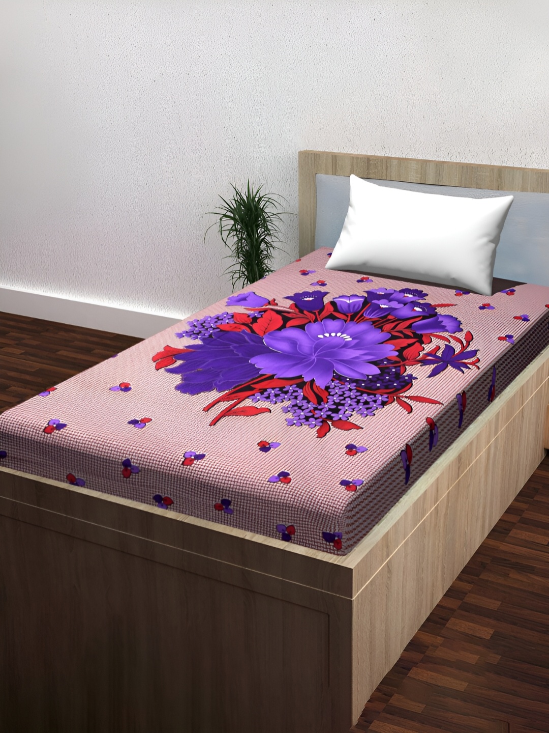

POORAK Pink & Blue Floral Cotton 104 TC Single Bedsheet with 1 Pillow Covers
