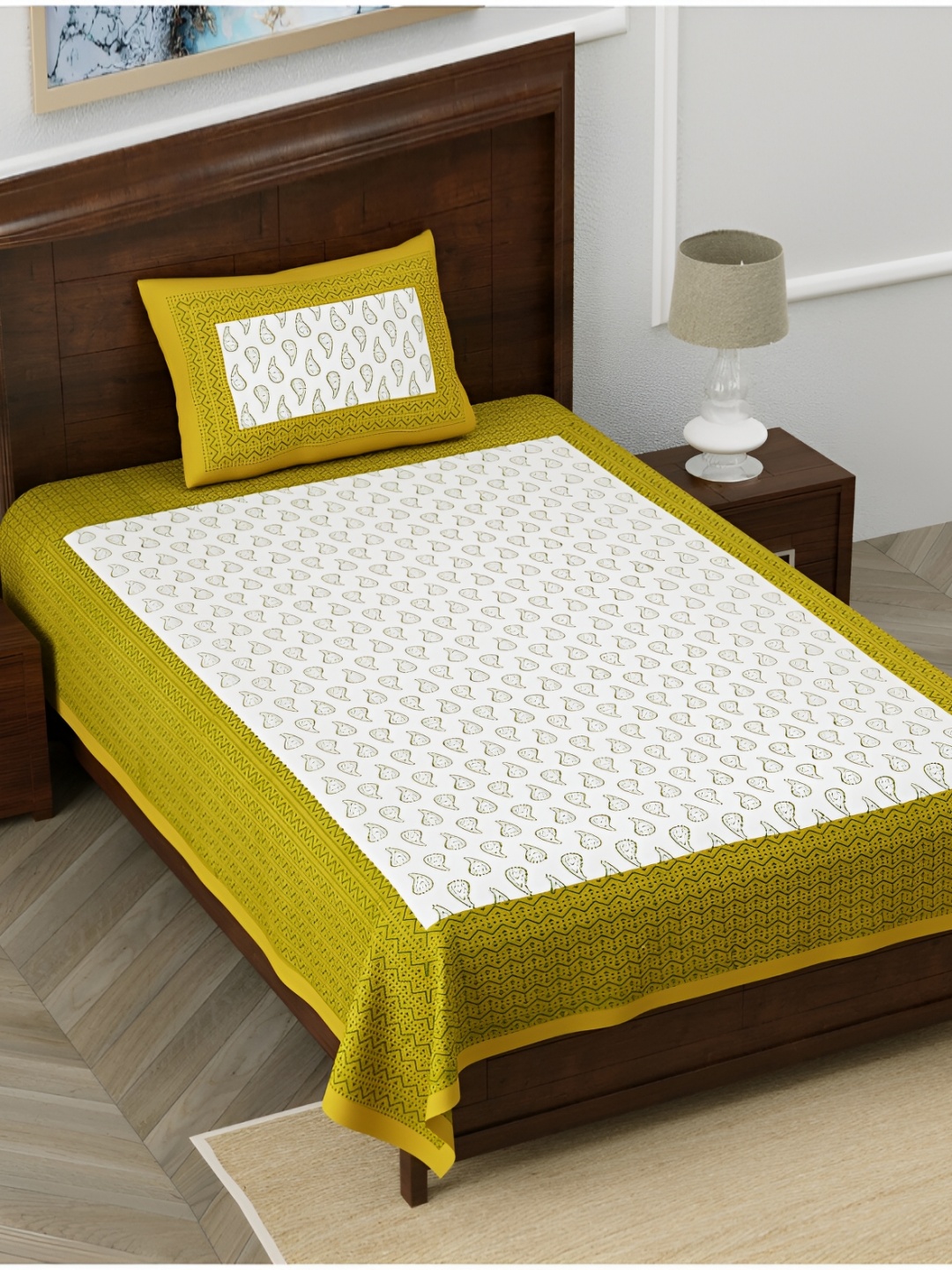 

POORAK Mustard & White Geometric Cotton 104 TC Single Bedsheet with 1 Pillow Covers