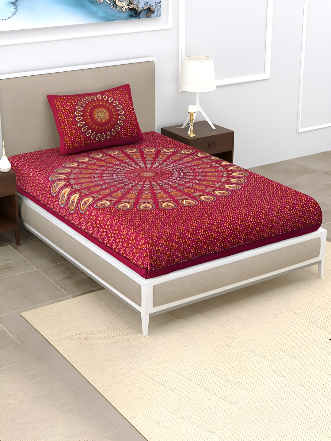 

POORAK Maroon & White Ethnic Motifs Cotton 104 TC Single Bedsheet with 1 Pillow Covers