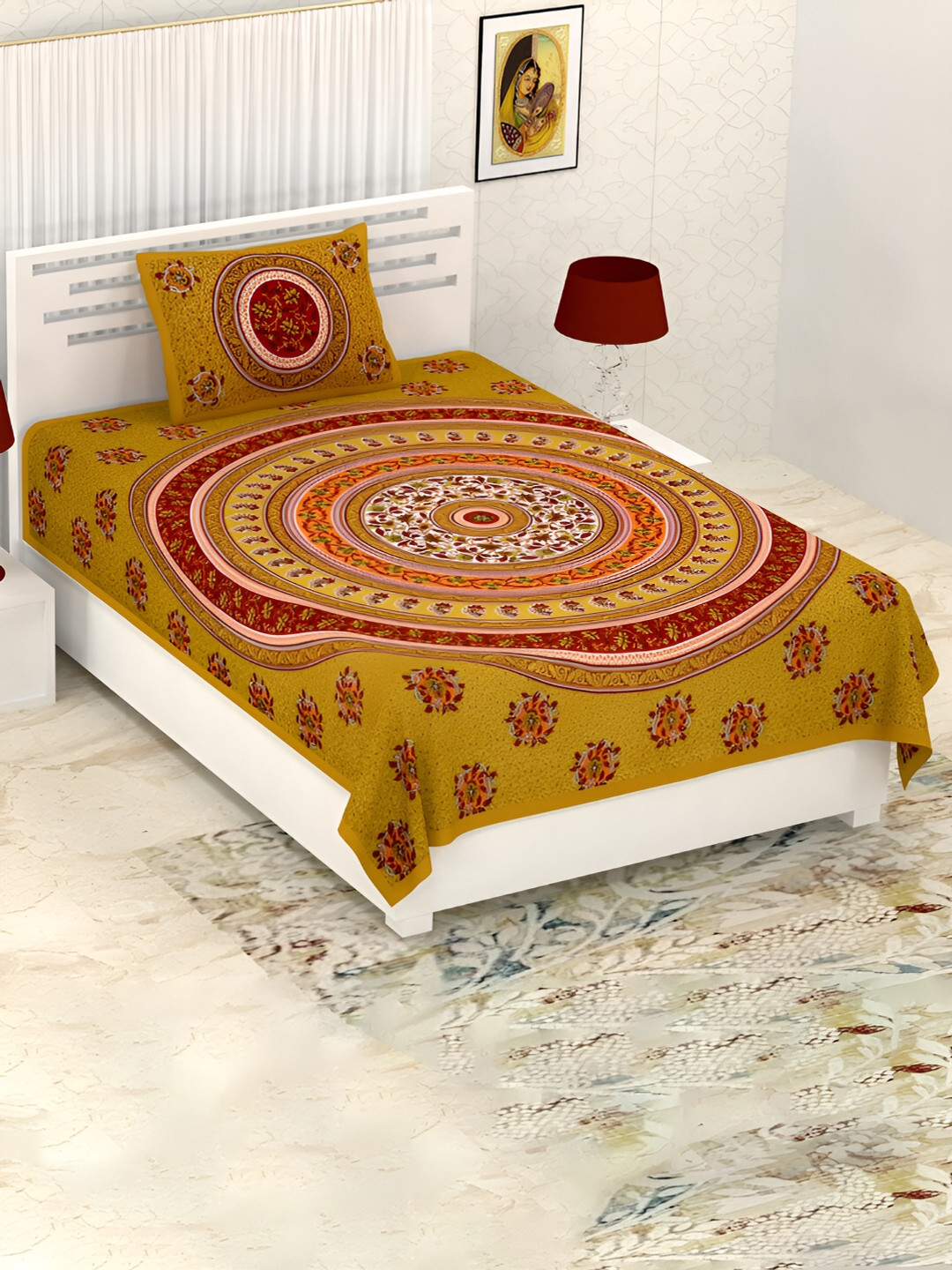 

POORAK Yellow & Red Floral Cotton 104 TC Single Bedsheet with 1 Pillow Covers