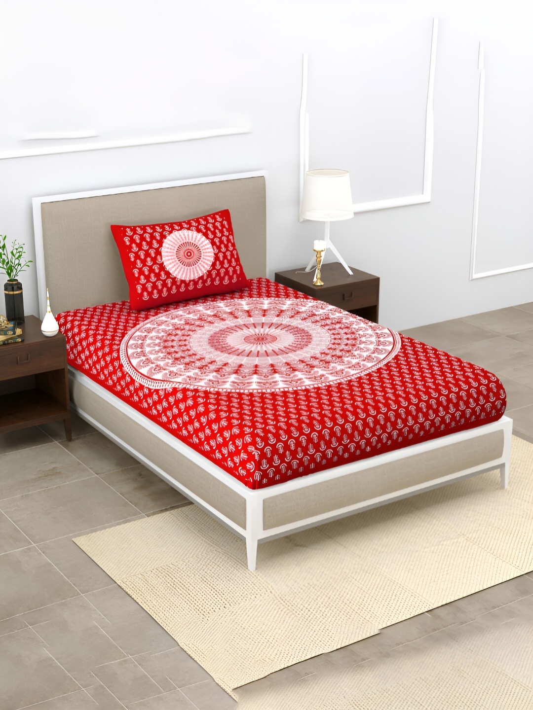 

POORAK Red & White Ethnic Motifs 104 TC Cotton Single Bedsheet with 1 Pillow Cover