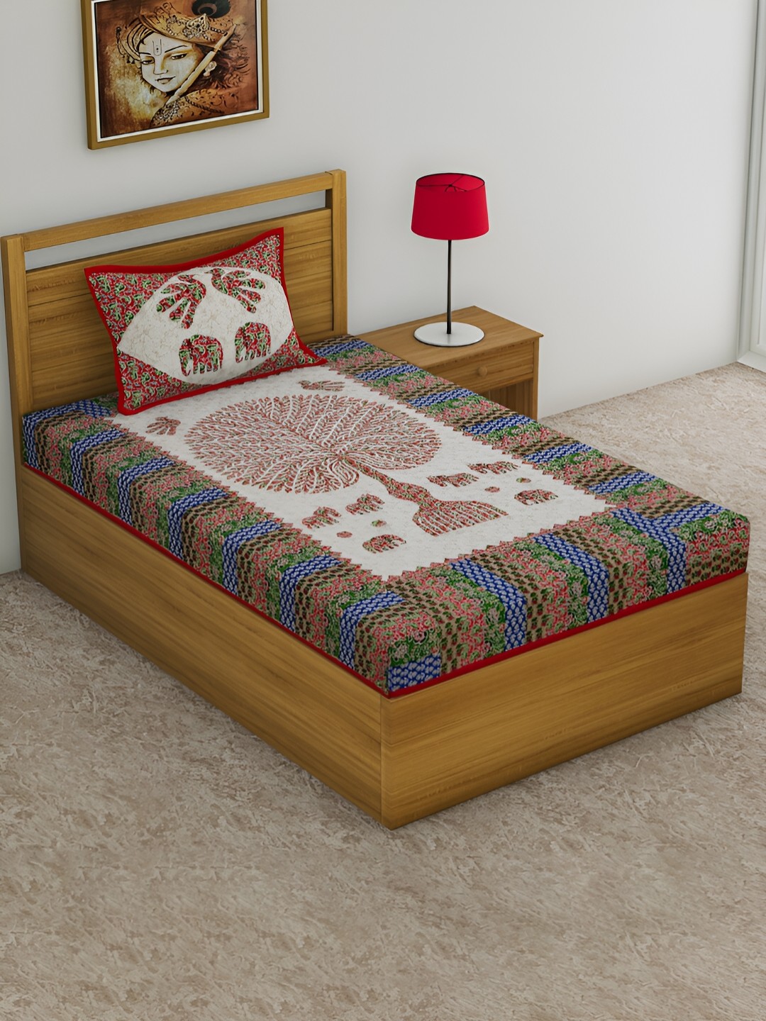 

POORAK Red & Green Floral Cotton 104 TC Single Bedsheet with 1 Pillow Covers