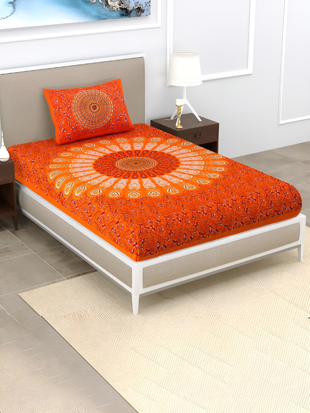 

POORAK Orange & White Floral Cotton 104 TC Single Bedsheet With 1 Pillow Cover