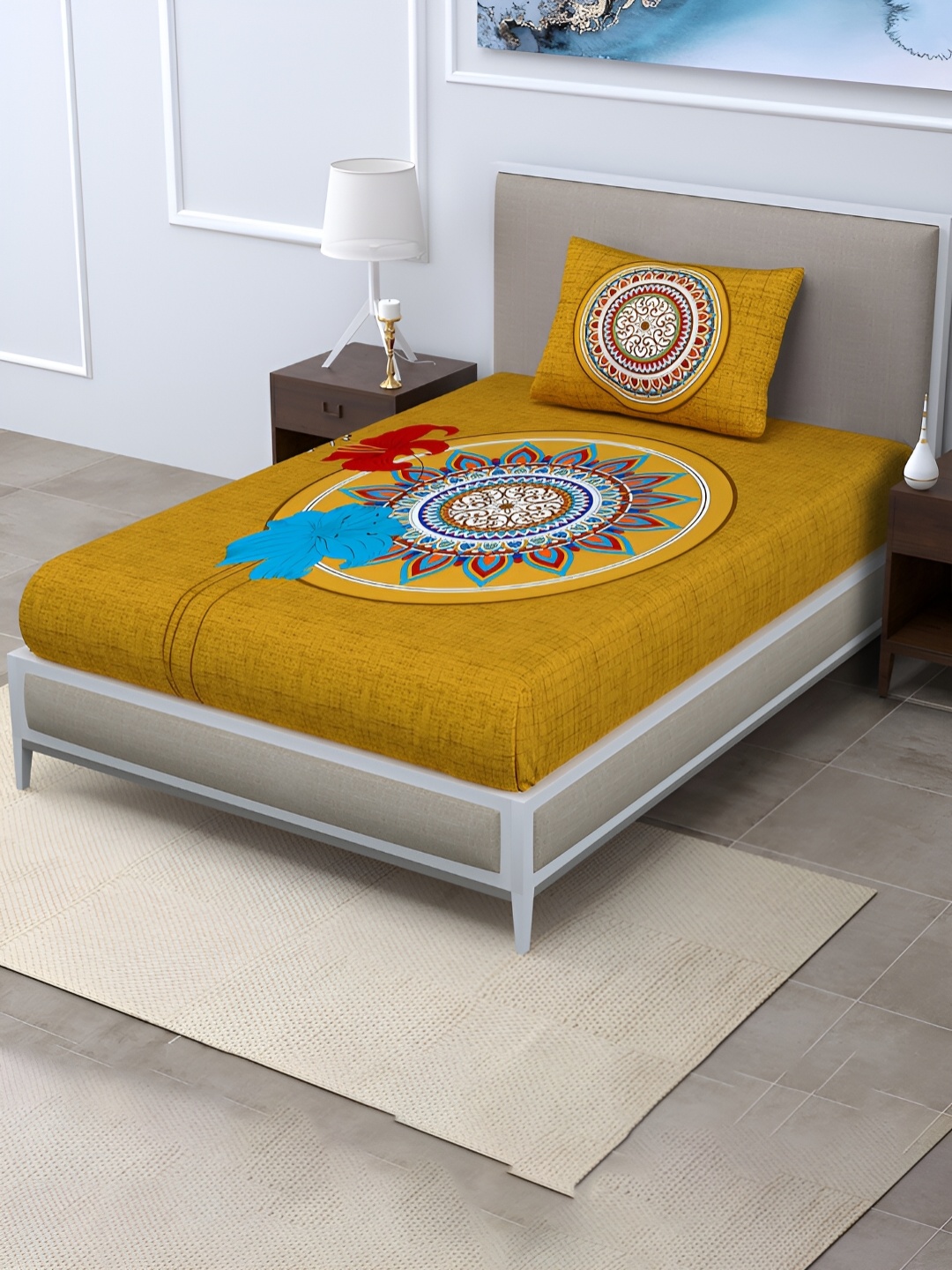 

POORAK Brown & White Ethnic Motifs Cooton 104 TC Single Bedsheet with 1 Pillow Covers