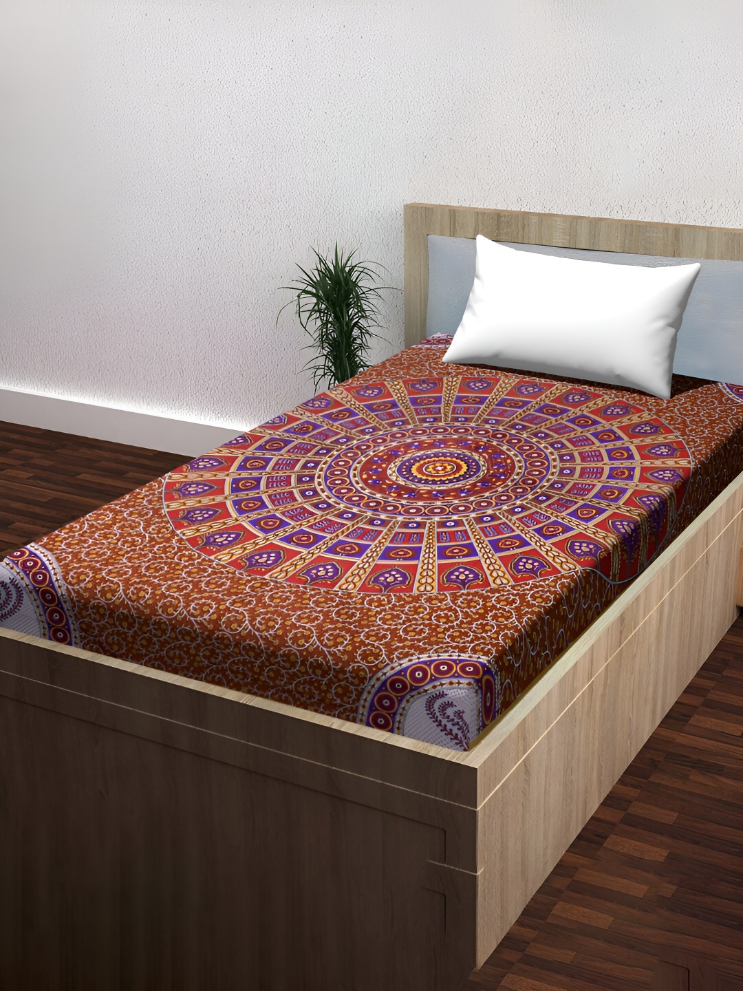 

POORAK Brown & Purple Floral Cooton 104 TC Single Bedsheet with 1 Pillow Covers