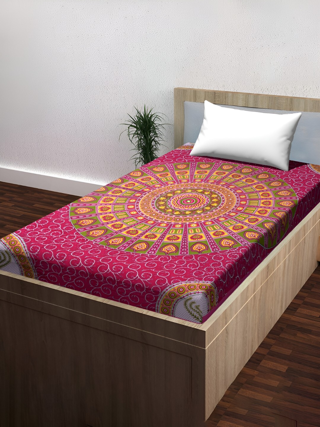 

POORAK Pink & Green Ethnic Motifs 104 TC Cotton Single Bedsheet with 1 Pillow Cover