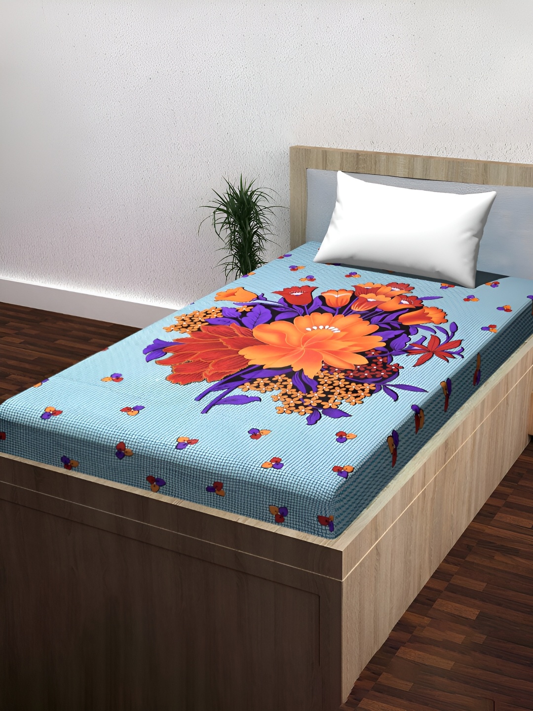 

POORAK Blue & Purple Floral Cotton 104 TC Single Bedsheet With 1 Pillow Cover
