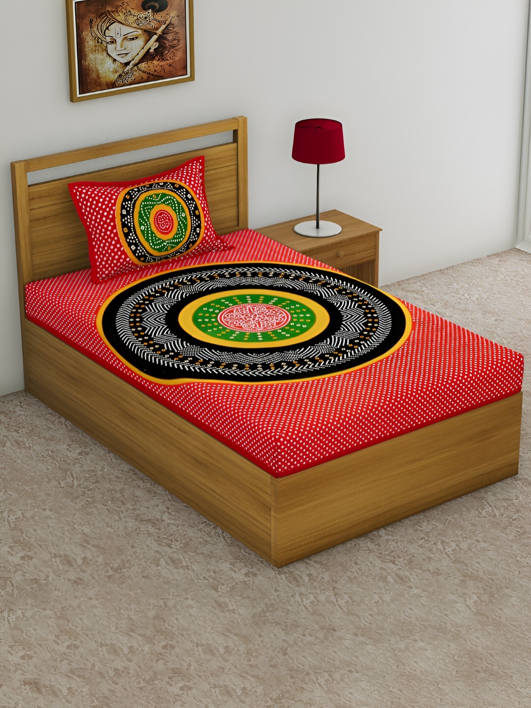 

POORAK Red & Yellow Geometric Printed Cotton 104 TC Single Bedsheet With 1 Pillow Cover