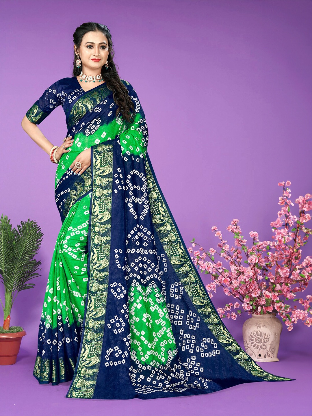 

Hema silk mills Bandhani Printed Saree, Sea green