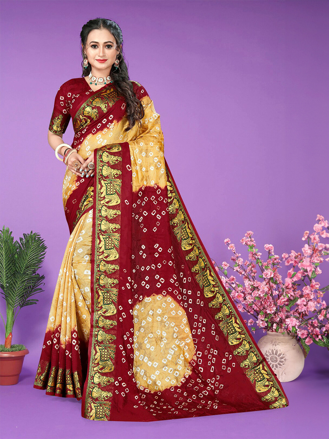 

Hema silk mills Bandhani Printed Saree, Cream