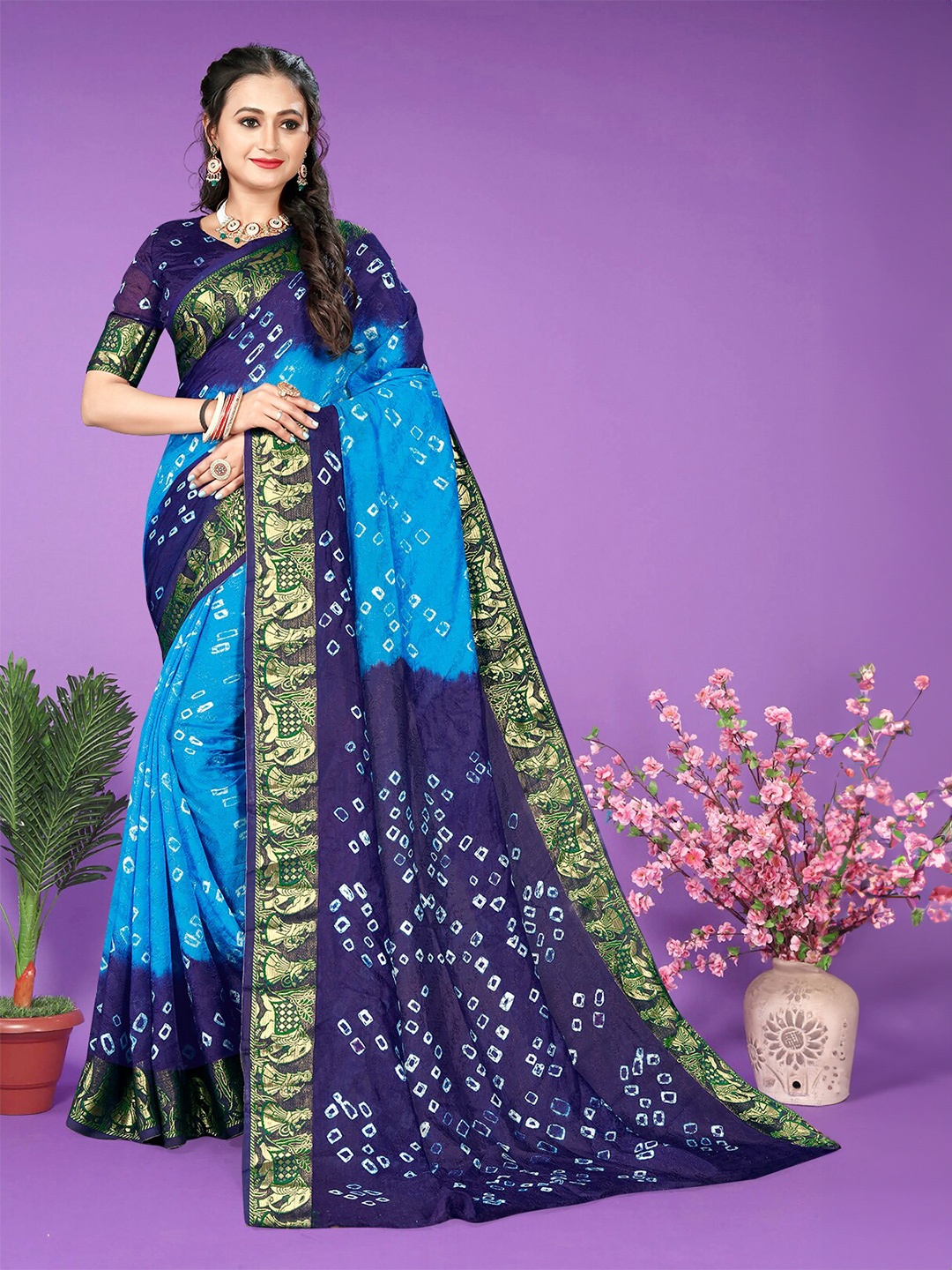 

Hema silk mills Bandhani Printed Saree, Turquoise blue