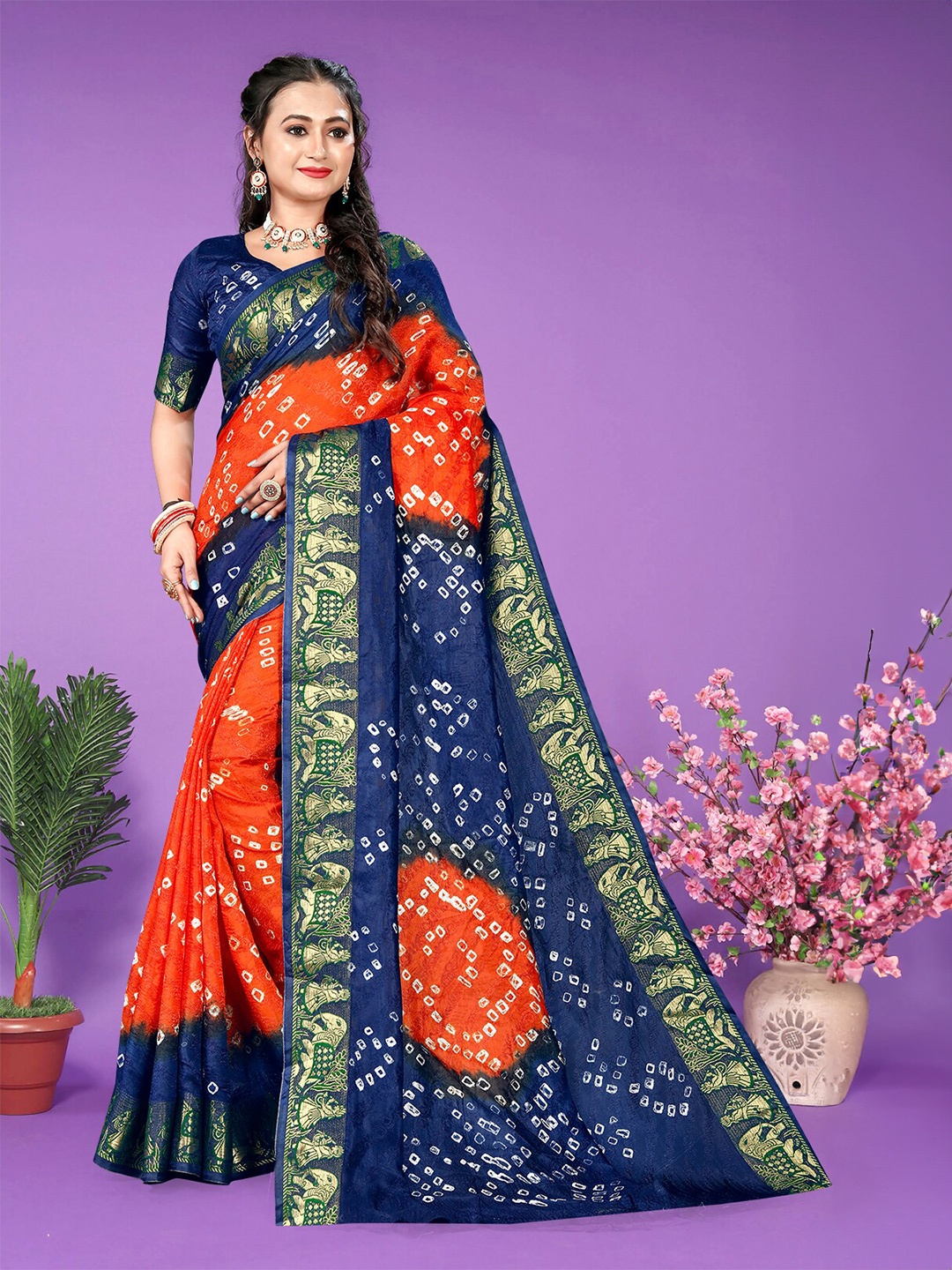 

Hema silk mills Bandhani Printed Saree, Orange