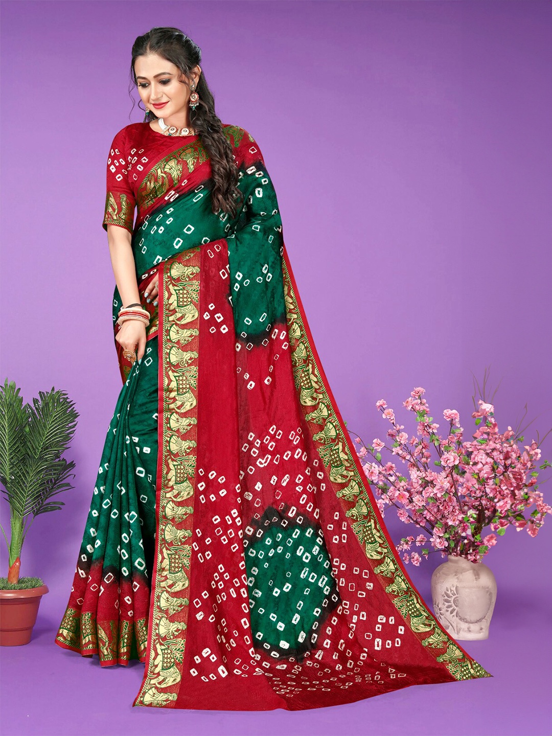 

Hema silk mills Bandhani Printed Saree, Green
