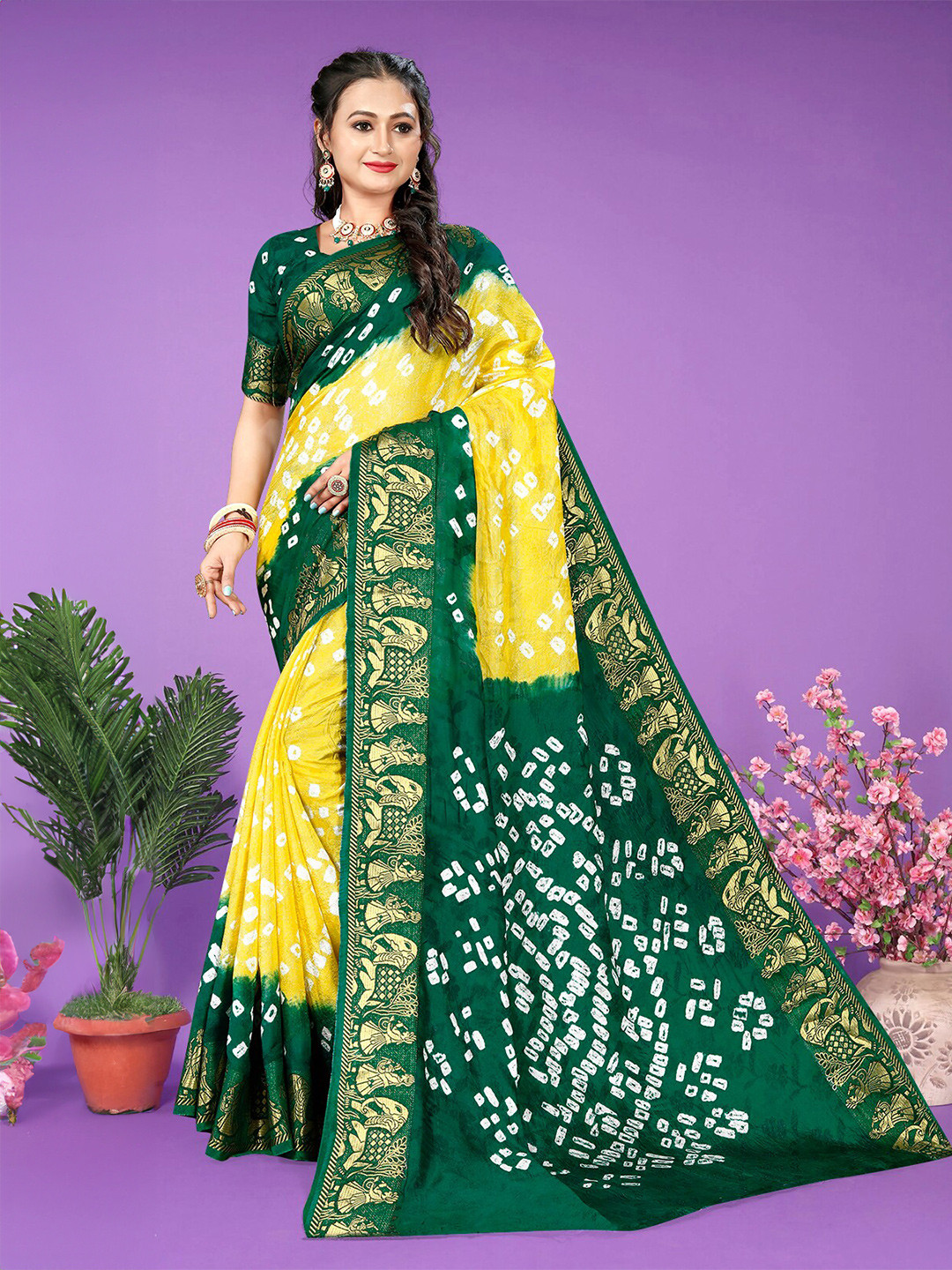 

Hema silk mills Bandhani Printed Saree, Yellow
