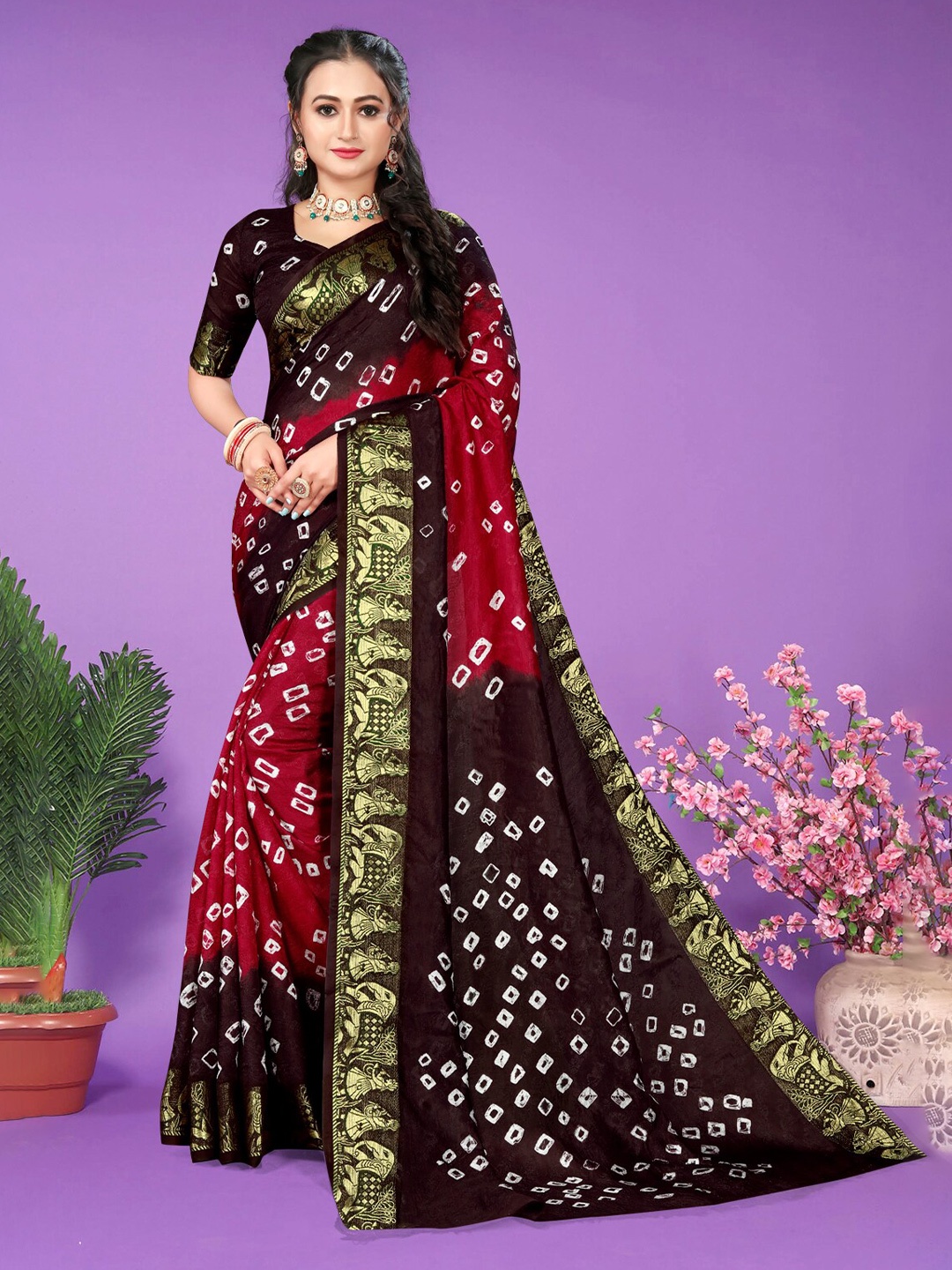 

Hema silk mills Bandhani Printed Saree, Maroon