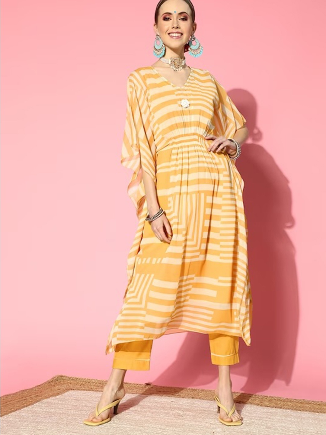 

ZOLA Mustard Yellow Striped Kaftan Kurta with Trousers