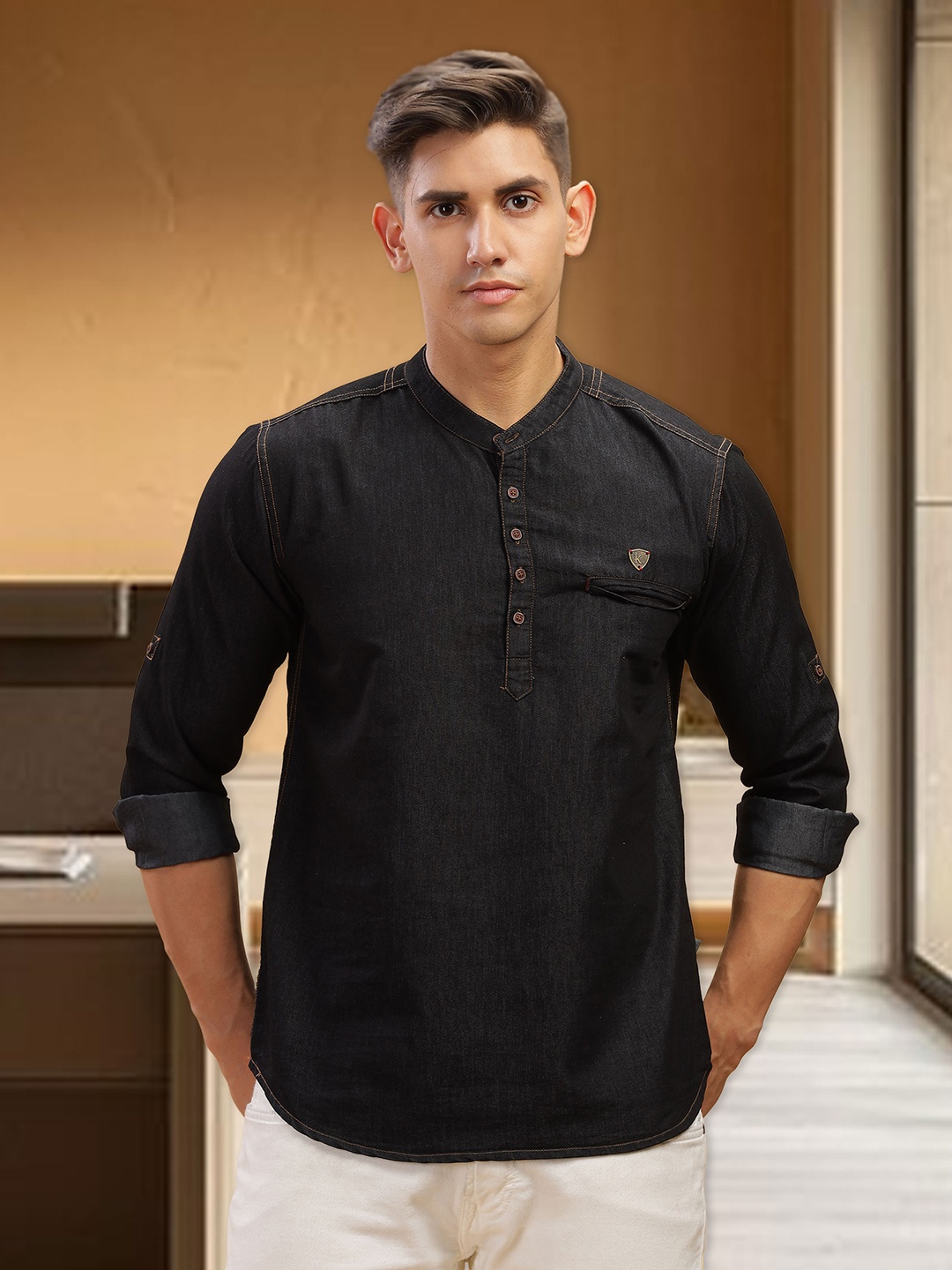 

Kuons Avenue Band Collar Roll-Up Sleeves Denim Kurta, Black