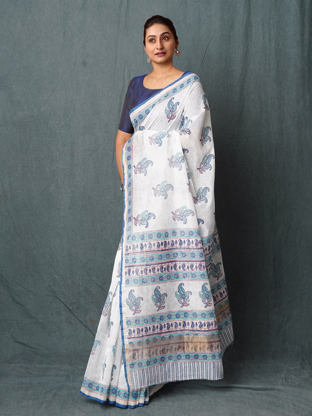 

Unnati Silks Ethnic Motifs Printed Silk Cotton Chanderi Saree, White