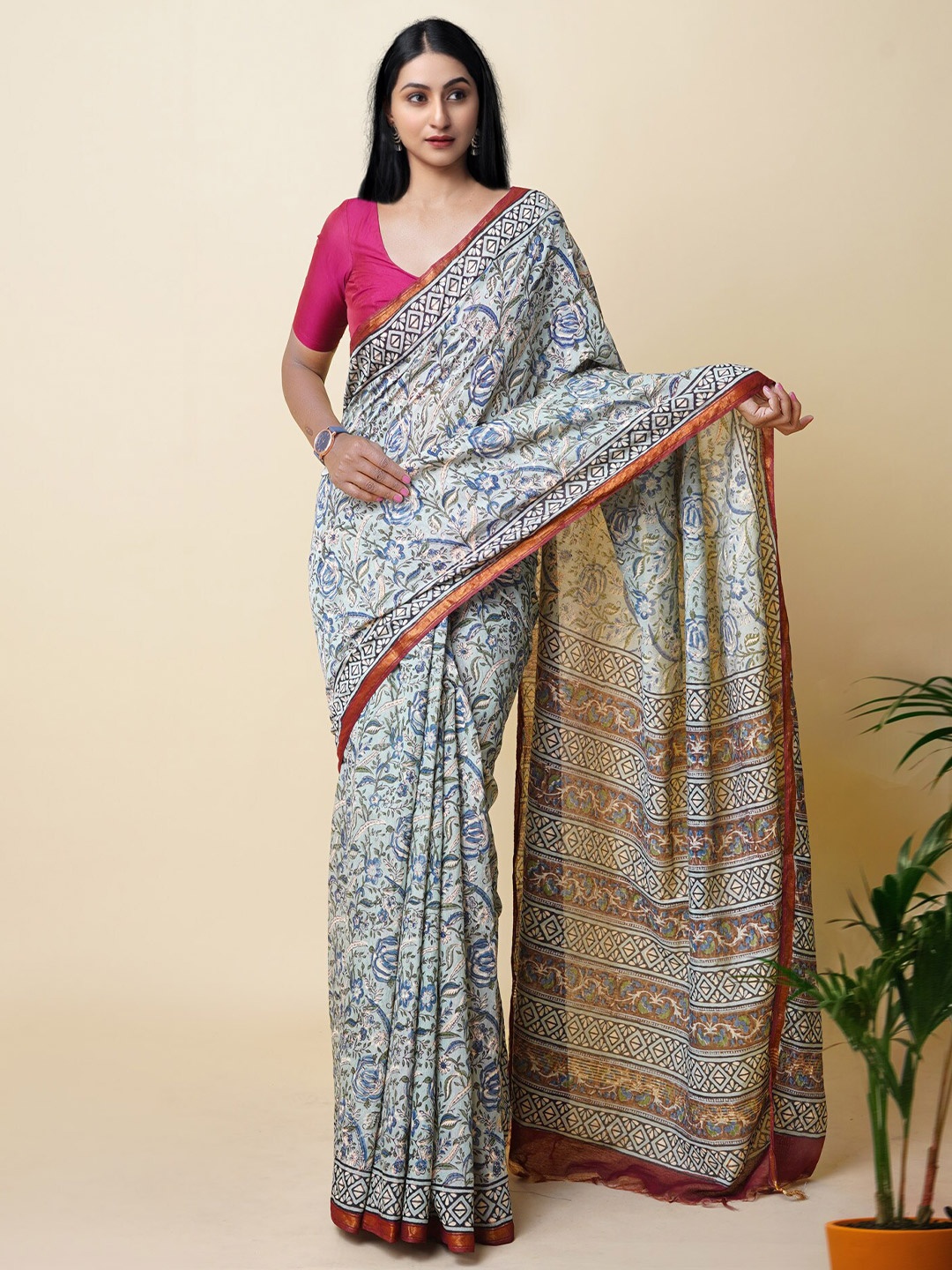 

Unnati Silks Ethnic Motifs Zari Silk Cotton Handloom Chanderi Saree, Blue
