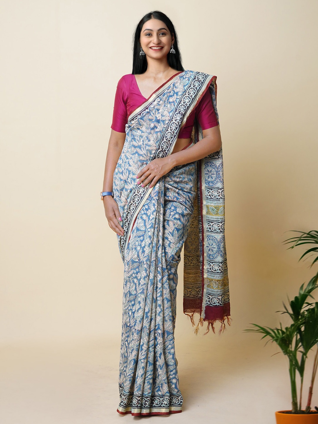 

Unnati Silks Floral Printed Silk Cotton Handloom Chanderi Saree, Blue