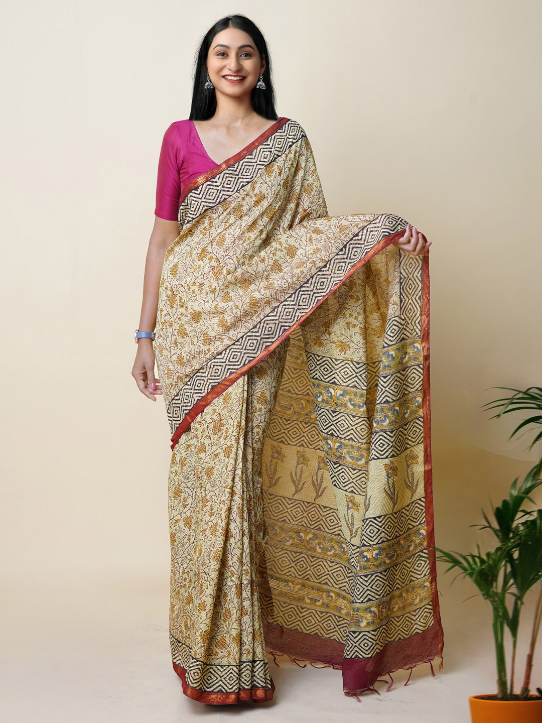 

Unnati Silks Floral Printed Silk Cotton Handloom Chanderi Saree, Green