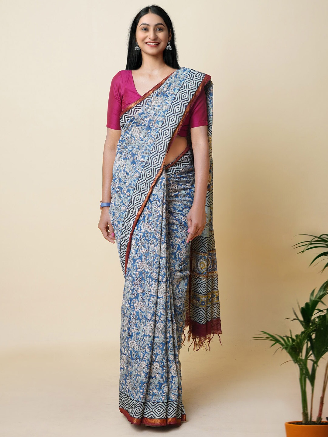 

Unnati Silks Floral Printed Zari Silk Cotton Handloom Chanderi Saree, Blue