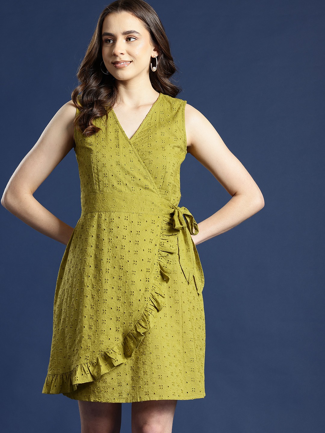 

Mast & Harbour Self Design Schiffli Wrap Dress, Green