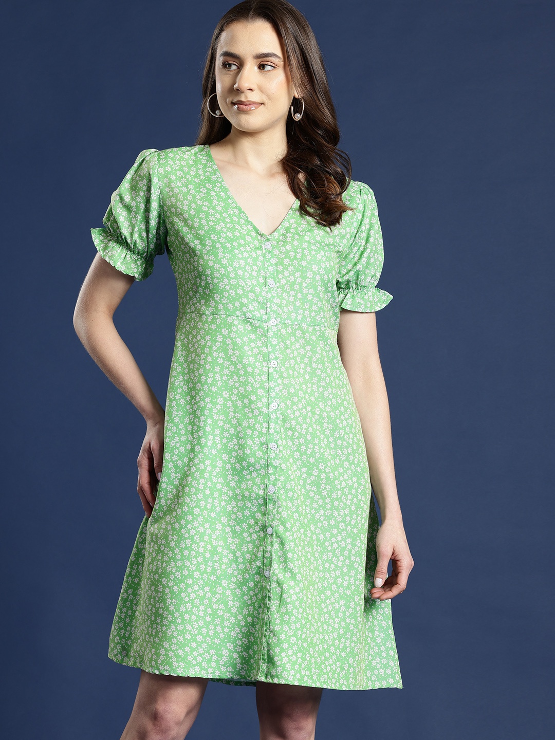 

Mast & Harbour Floral Printed Puff Sleeve A-Line Dress, Green