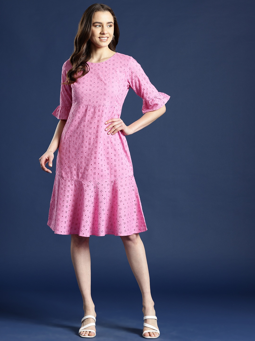 

Mast & Harbour Self Design Bell Sleeve Schiffli A-Line Dress, Pink