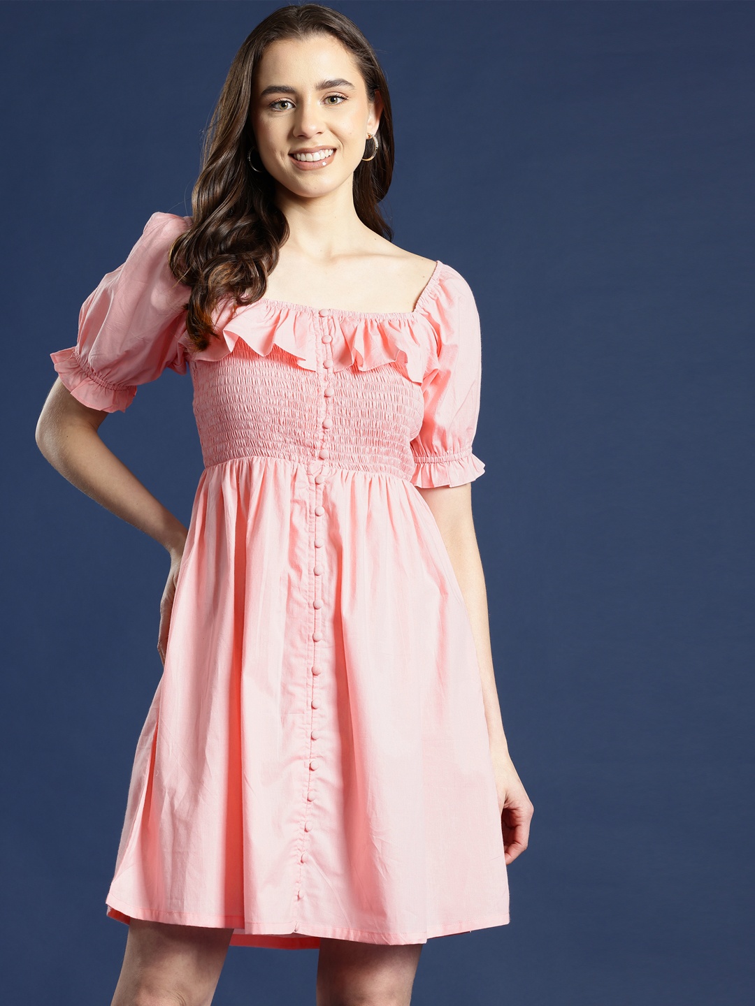 

Mast & Harbour Puff Sleeve Smocked Ruffled Fit & Flare Dress, Pink