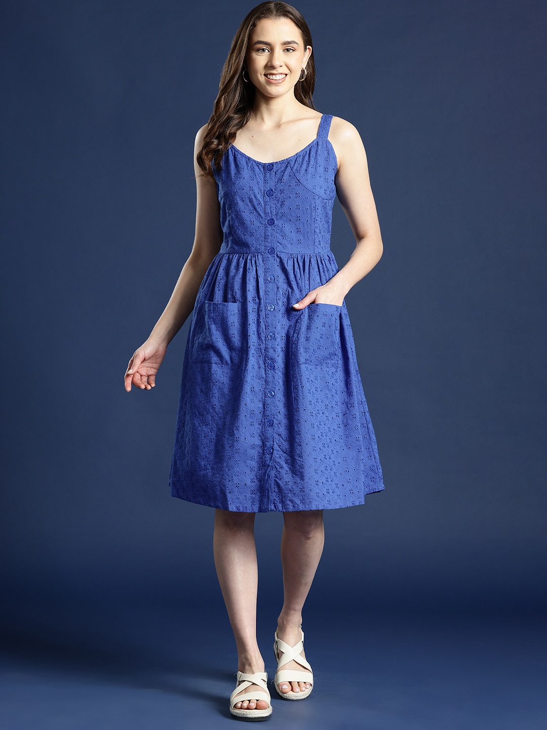 

Mast & Harbour Self Design Schiffli A-Line Dress, Blue