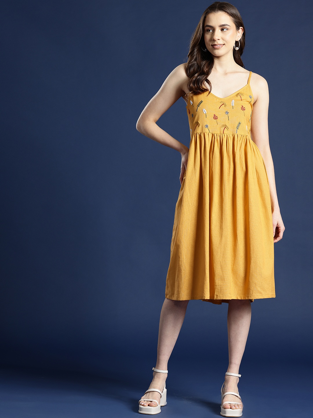 

Mast & Harbour Floral Embroidered A-Line Dress, Yellow