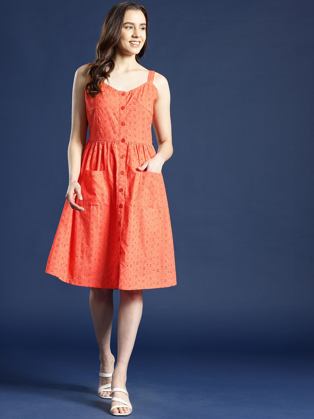 

Mast & Harbour Self Design Schiffli A-Line Dress, Orange