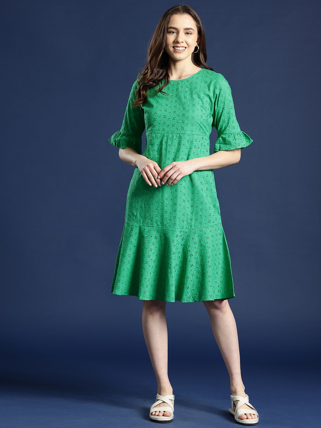 

Mast & Harbour Self Design Bell Sleeve Schiffli A-Line Dress, Green
